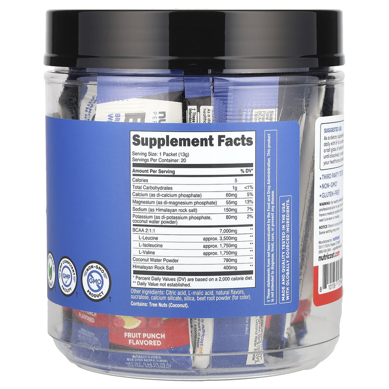 Nutricost, Performance, BCAA +, фруктовый пунш, 20 пакетиков по 13 г (0,5 унции)