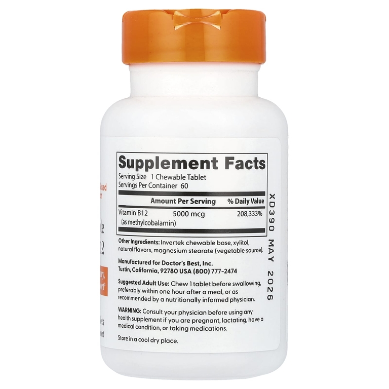 Doctor's Best, Жевательные полностью активные витамины B12, ягодное ассорти, 5000 мкг, 60 таблеток