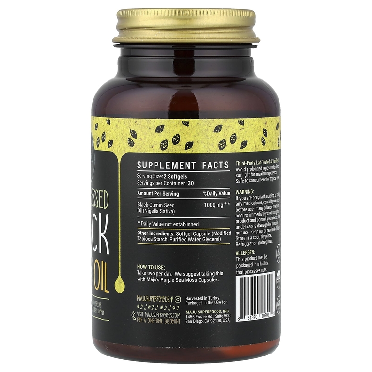 Maju Superfoods, Масло чёрной семи холодного отжима, 60 капсул (500 мг в капсуле)