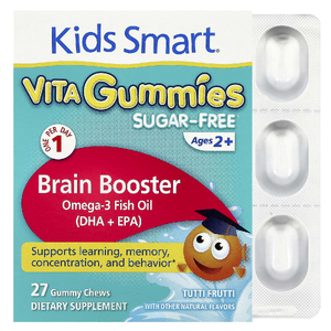 Kids Smart, Vita Gummies, Brain Booster, добавка для поддержки мозга, без сахара, для детей от 2 лет, с фруктовым вкусом, 27 жевательных таблеток