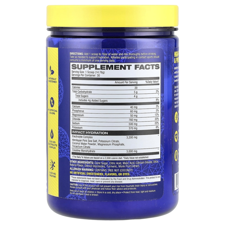 MHP, Impact Hydration, электролиты и креатин, лимон и лайм, 15,6 унции (0,98 фунта) (Товар снят с продажи) 