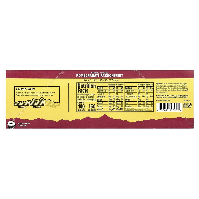 Honey Stinger, Energy Chews, гранат и маракуйя, 12 пакетиков по 50 г (1,8 унции)