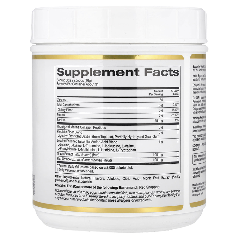 California Gold Nutrition, добавка для поддержания уровня ГПП-1 с пептидами коллагена, пребиотической клетчаткой и незаменимыми аминокислотами, арбуз и юдзу, 494 г (1,09 фунта)