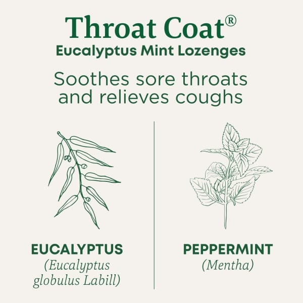 Traditional Medicinals, Organic Throat Coat®, эвкалиптовая мята, 30 леденцов от кашля с ментолом