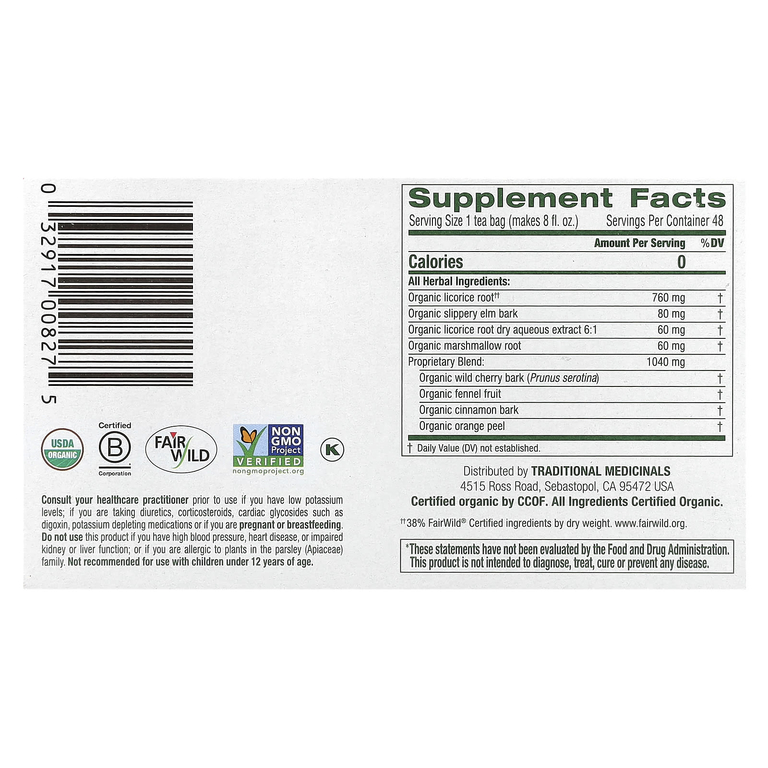 Traditional Medicinals, Organic Throat Coat®, Original со скользким вязом, без кофеина, 48 чайных пакетиков в упаковке, 96 г (3,38 унции)