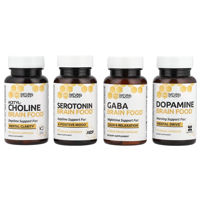 Natural Stacks, Brain Food ™, 4 флакона, 15 вегетарианских капсул в каждом флаконе (Товар снят с продажи) 