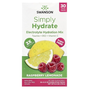 Swanson Vitamins, Simply Hydrate, смесь для гидратации электролитов, малиновый лимонад, 30 пакетиков по 5,95 г (0,21 унции)