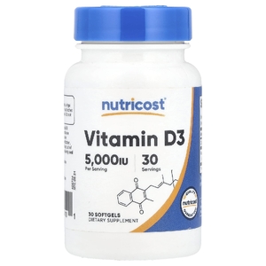 Nutricost, витамин D3, 125 мкг (5000 МЕ), 30 капсул (Товар снят с продажи) 