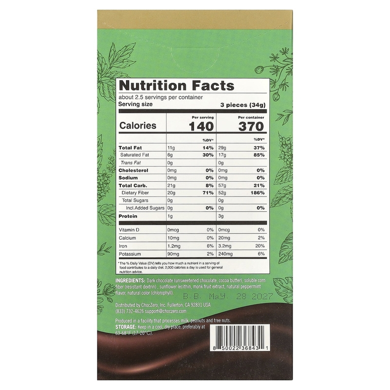 ChocZero, Keto Bark, темный шоколад, перечная мята, 8 батончиков, 90 г (3,2 унции)