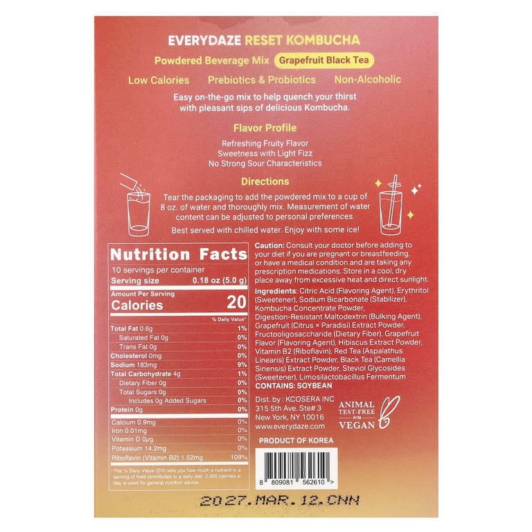 Everydaze, Reset Kombucha, порошковая смесь для напитков, грейпфрутовый черный чай, 10 пакетиков по 5 г (0,18 унции) (Товар снят с продажи) 
