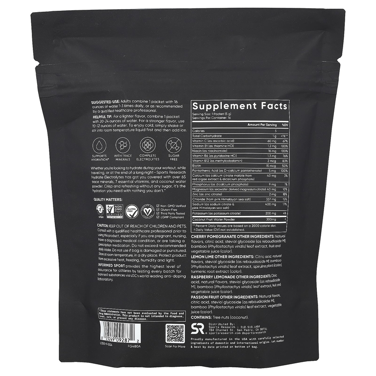 Sports Research, Hydrate Electrolytes, набор с различными добавками, 16 пакетиков по 5 г (0,18 унции)