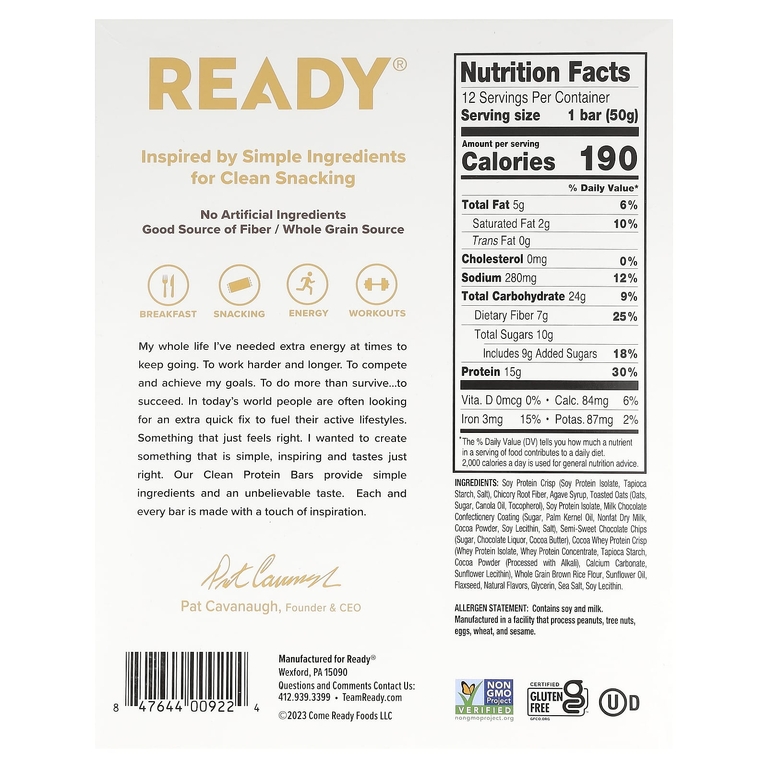 Ready, Clean Protein Bar, шоколадная крошка, 12 батончиков, 50 г (1,76 унции)