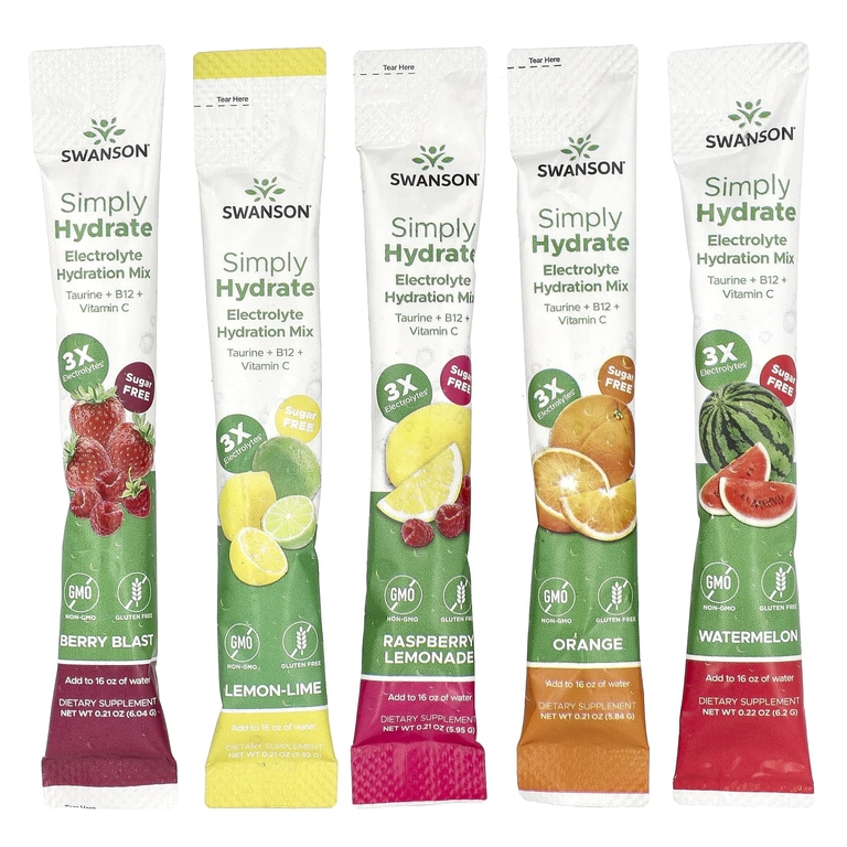 Swanson Vitamins, Simply Hydrate, смесь электролитов для гидратации, ассорти из 30 стик-пакетов, 180 г (6,36 унции)