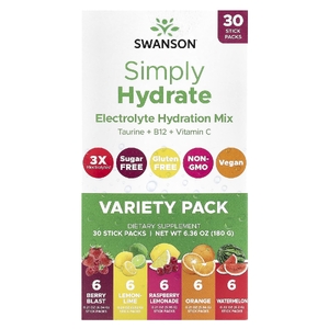 Swanson Vitamins, Simply Hydrate, смесь электролитов для гидратации, ассорти из 30 стик-пакетов, 180 г (6,36 унции)