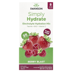 Swanson Vitamins, Simply Hydrate, смесь для гидратации электролитов, Berry Blast, 8 пакетиков в виде стиков по 6,04 г (0,21 унции)