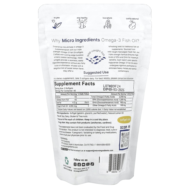Micro Ingredients, рыбий жир с омега-3, тройная сила, лимон, 120 капсул (1400 мг в 1 капсуле)