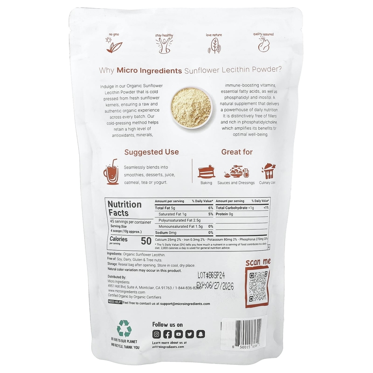 Micro Ingredients, Порошок органического подсолнечного лецитина, 454 г (1 фунт)
