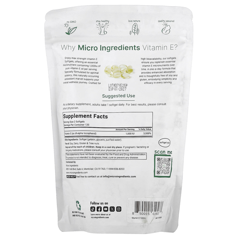 Micro Ingredients, Витамин E, 240 мягких таблеток (500 МЕ в каждой капсуле)