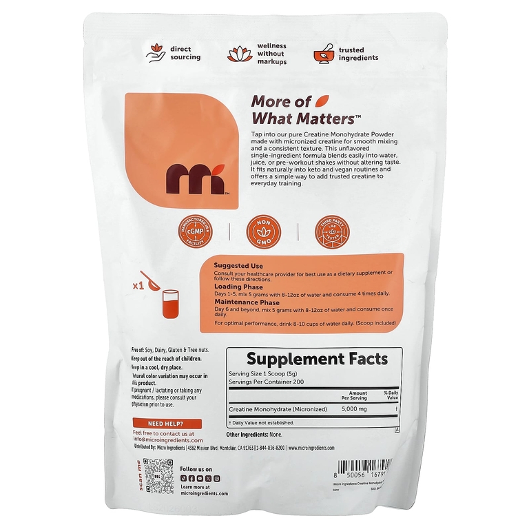 Micro Ingredients, Моногидрат креатина, без добавок, 1 кг (2,2 фунта)