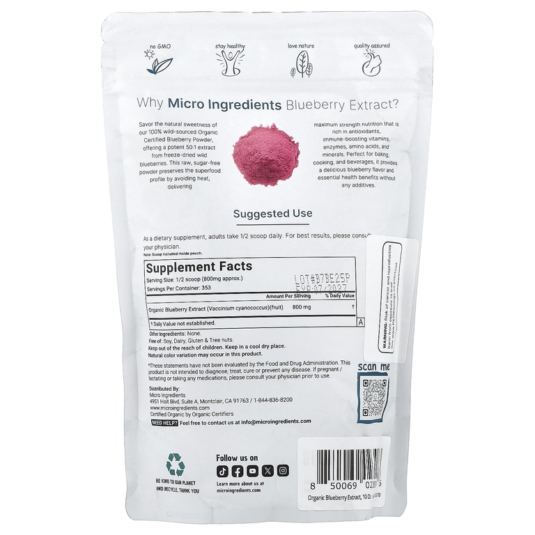 Micro Ingredients, Органический, лиофилизированный экстракт голубики, 283 г (10 унций)