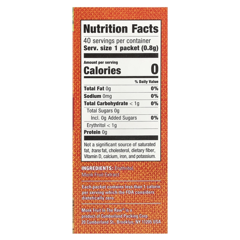 In the Raw, Monk Fruit In The Raw®, нулевой подсластитель, 40 пакетиков, 32 г (1,12 унции)