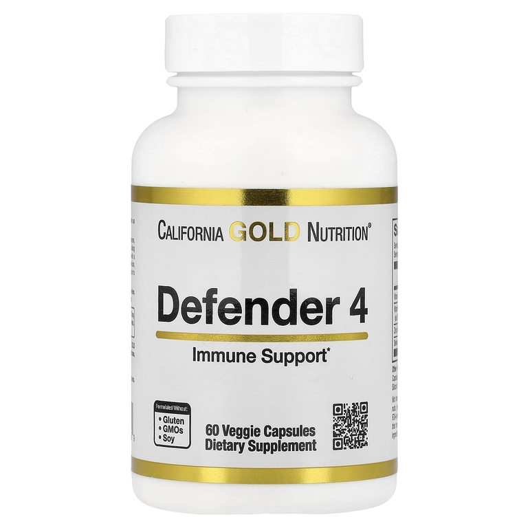 California Gold Nutrition, Defender 4, добавка с витаминами C и D, цинком и селеном, 60 вегетарианских капсул