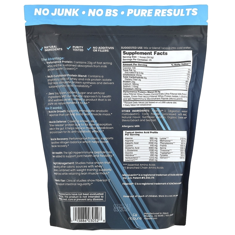 NB Pure, Performance Protein +, шоколад, 862,5 г (1,9 фунта)