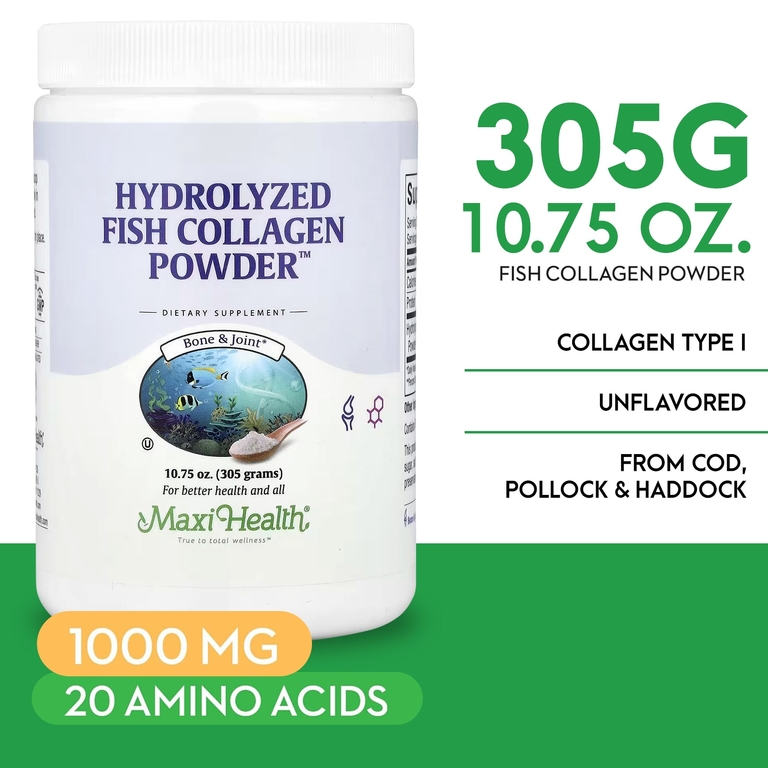 Maxi Health, Hydrolyzed Fish Collagen Powder™, гидролизованный рыбий коллаген, 305 г (10,75 унции)