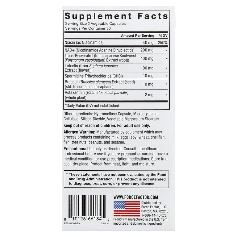 Force Factor, NAD + Longevity Nutrient Complex, 60 растительных капсул