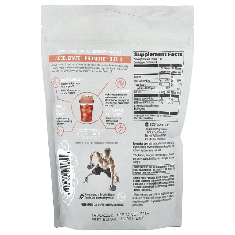 Sunwarrior, Sport, активный HMB + моногидрат креатина, без добавок, 240 г (8,46 унции)