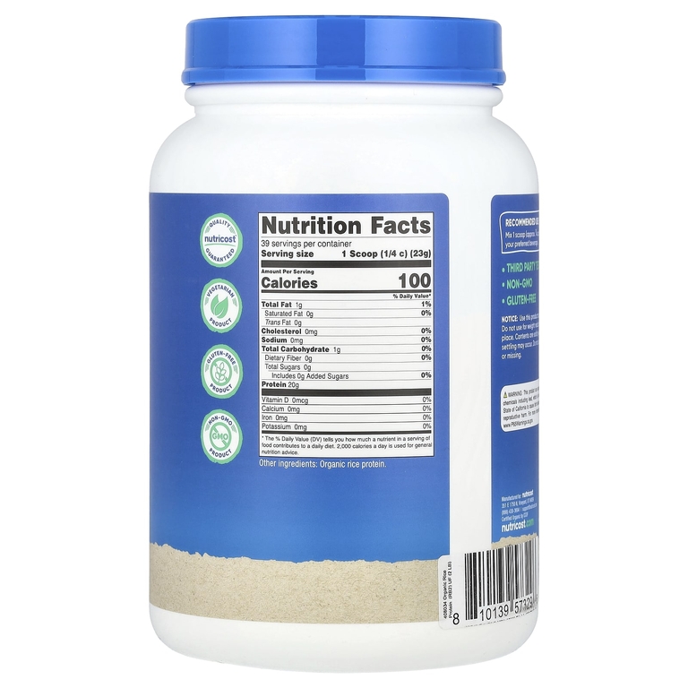 Nutricost, Органический рисовый протеин в порошке, без добавок, 907 г (2 фунта)