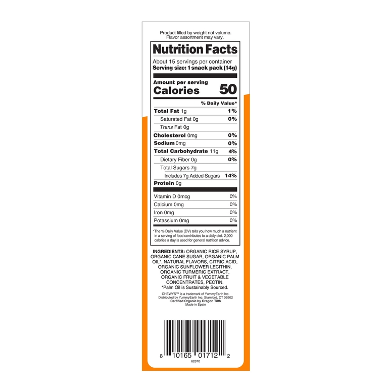 YumEarth, Organic Chewys™, фруктовые жевательные таблетки, 15 упаковок по 14 г (0,5 унции)