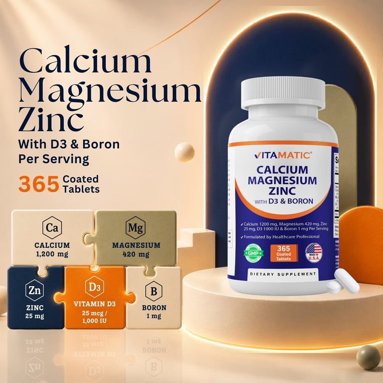 Vitamatic, Кальций, магний, цинк с D3 и бором, 365 покрытых таблеток