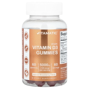 Vitamatic, Веганские жевательные мармеладки с витамином D3, клубника, 125 мкг (5000 МЕ), 60 жевательных таблеток (Товар снят с продажи) 