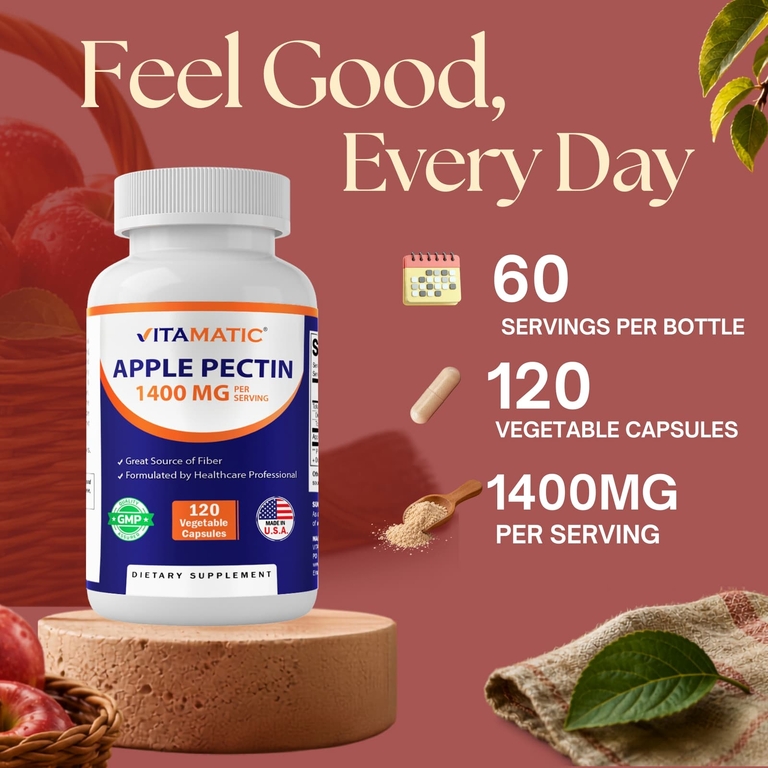 Vitamatic, яблочный пектин, 120 вегетарианских капсул (700 мг в 1 капсуле)