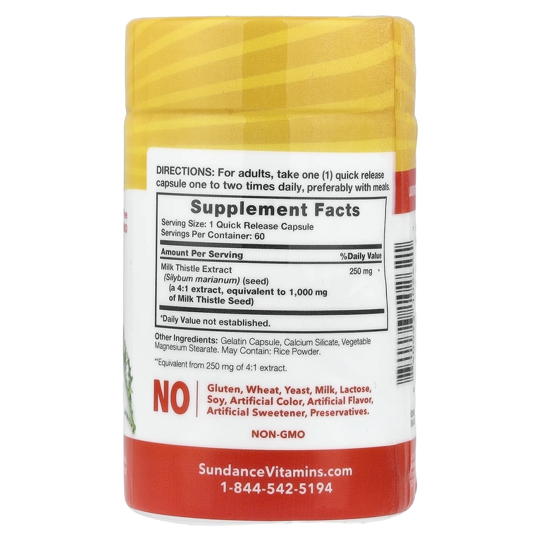 Sundance Vitamins, расторопша, 60 капсул с быстрым высвобождением (250 мг в капсуле)