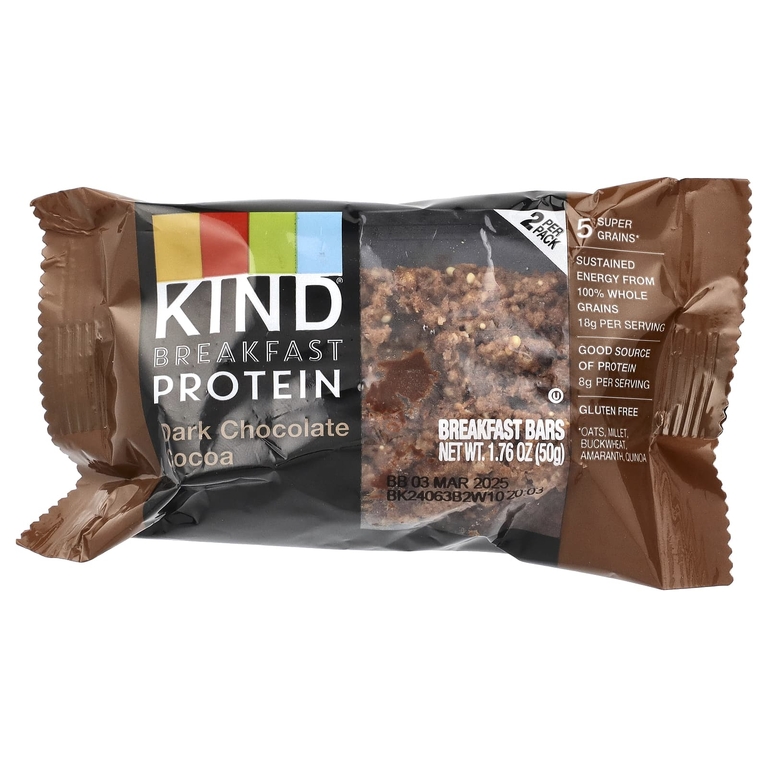 KIND Bars, Протеиновые батончики для завтрака, темный шоколад и какао, 6 пакетиков по 50 г (1,76 унции)