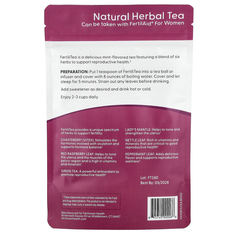 Fairhaven Health, листовой чай, для поддержки фертильности, вкус мяты, 3 унции