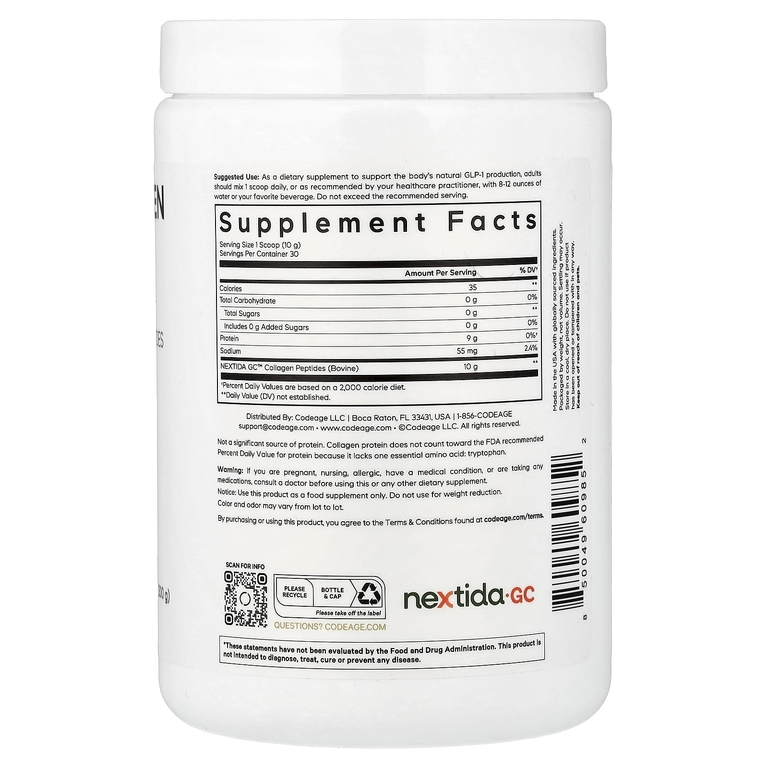 Codeage, Порошок из пептидов коллагена GLP-1, Trim & Glow®, без добавок, 300 г (10,58 унции)