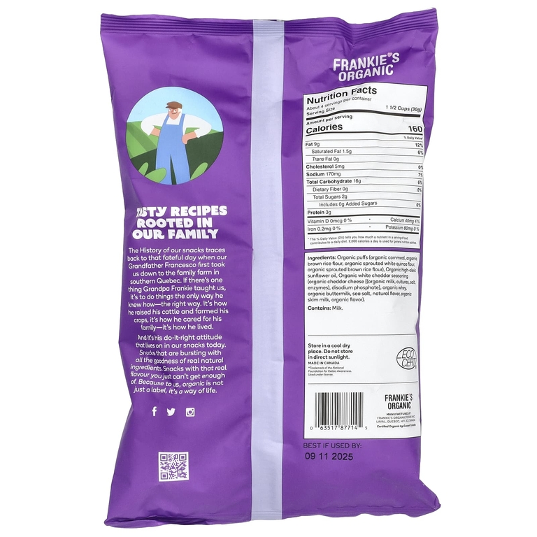 Frankie's Organic, Puffs, белый чеддер, 113 г (4 унции) (Товар снят с продажи) 