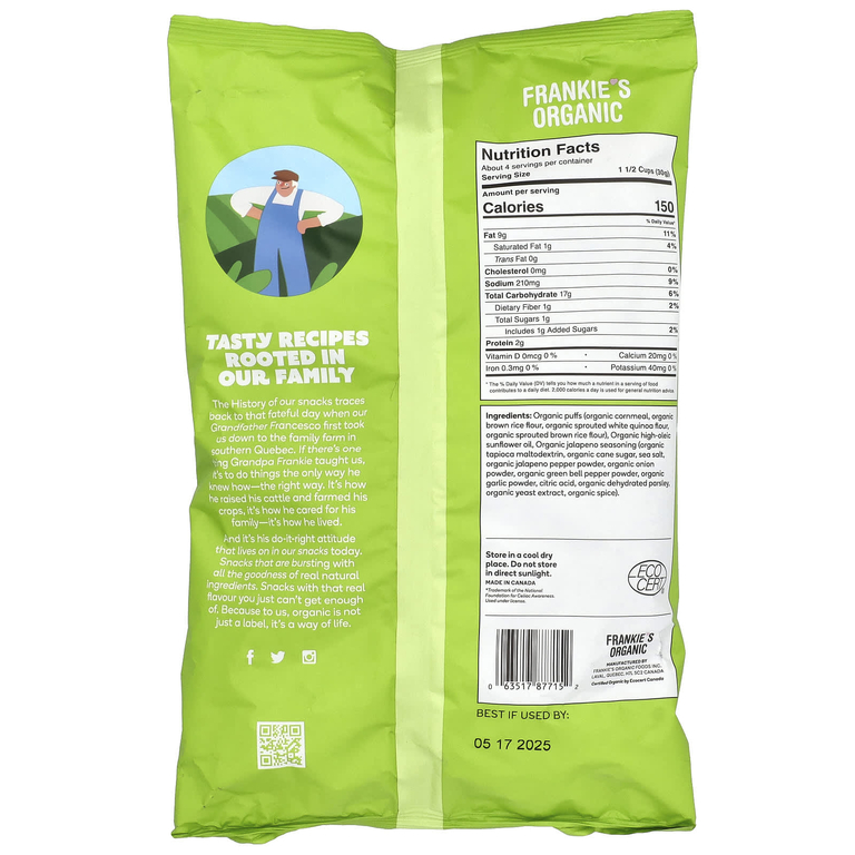 Frankie's Organic, Puffs, халапеньо, 113 г (4 унции) (Товар снят с продажи) 