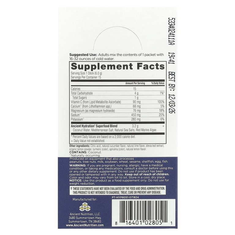 Ancient Nutrition, Rapid Hydration, лимон и лайм, 15 упаковок в виде стиков, по 6 г (0,2 унции) (Товар снят с продажи) 