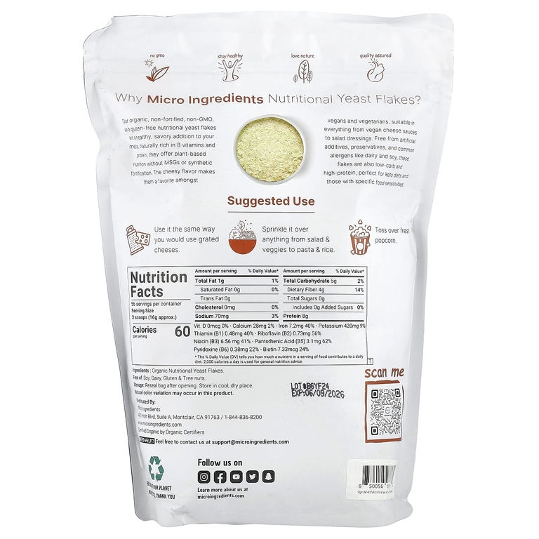 Micro Ingredients, Органические пищевые дрожжи в хлопьях, 907 г (2 фунта)