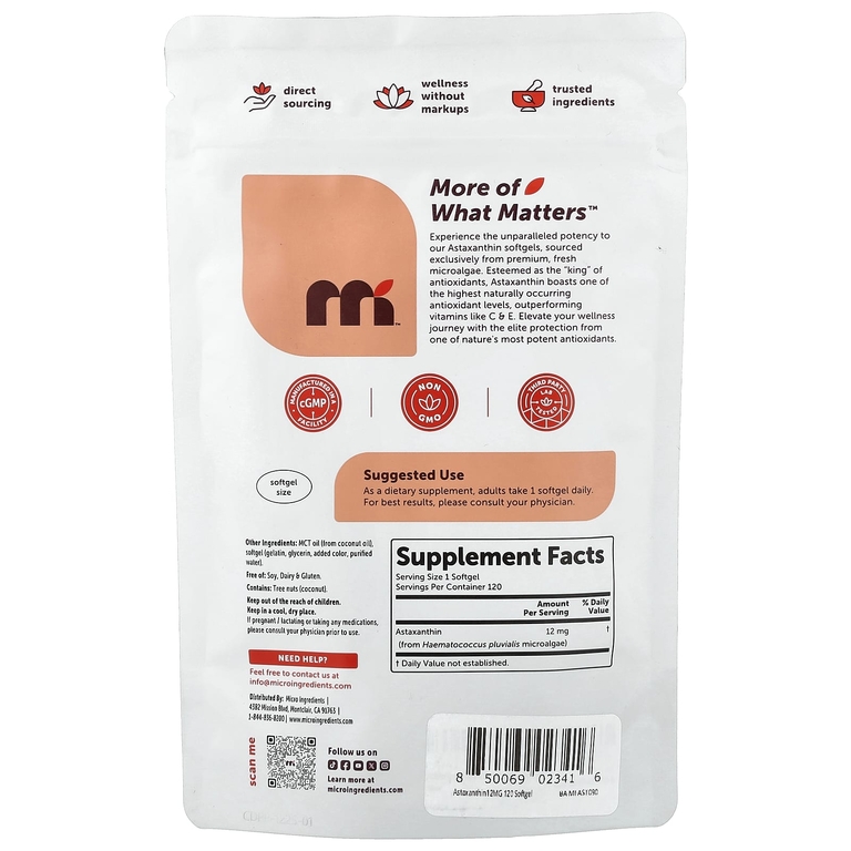 Micro Ingredients, Астаксантин, 12 мг, 120 мягких таблеток