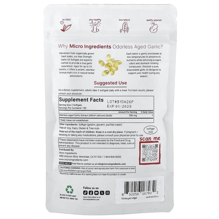 Micro Ingredients, выдержанный экстракт чеснока без запаха, 300 капсул (250 мг в 1 капсуле)