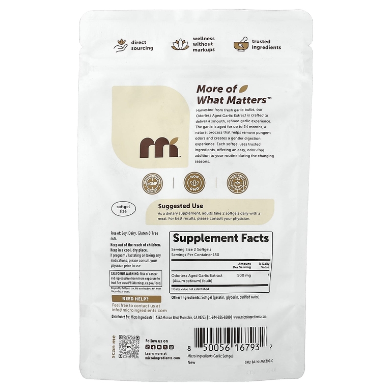 Micro Ingredients, выдержанный экстракт чеснока без запаха, 300 капсул (250 мг в 1 капсуле)