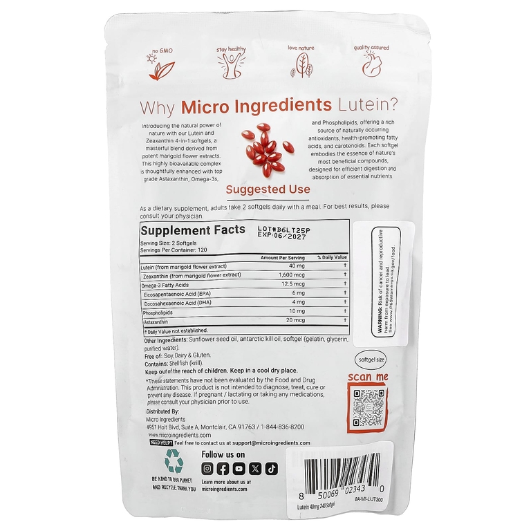 Micro Ingredients, лютеин с зеаксантином, 240 капсул