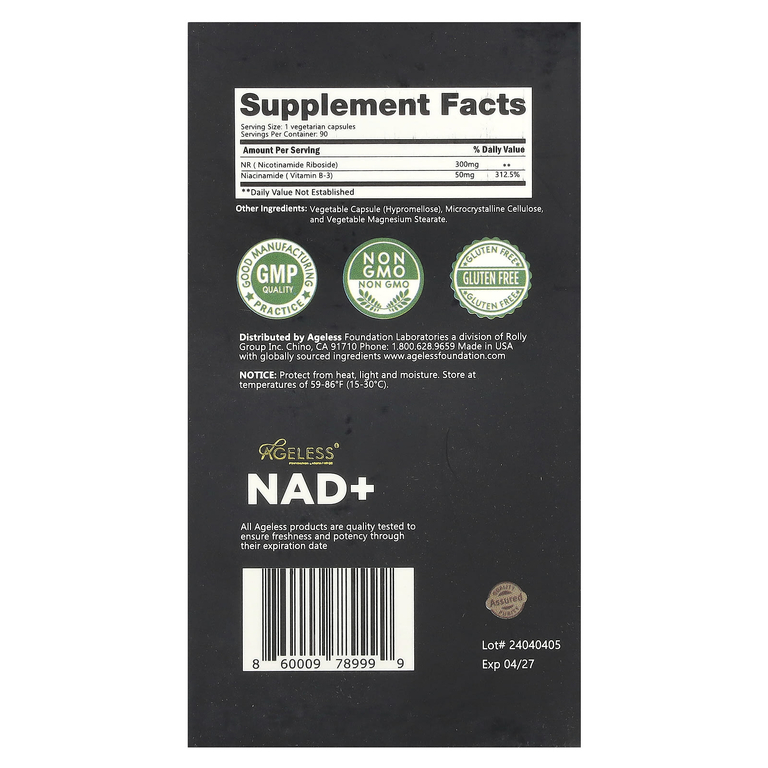 Ageless Foundation Laboratories, NAD + Boost`` 90 растительных капсул