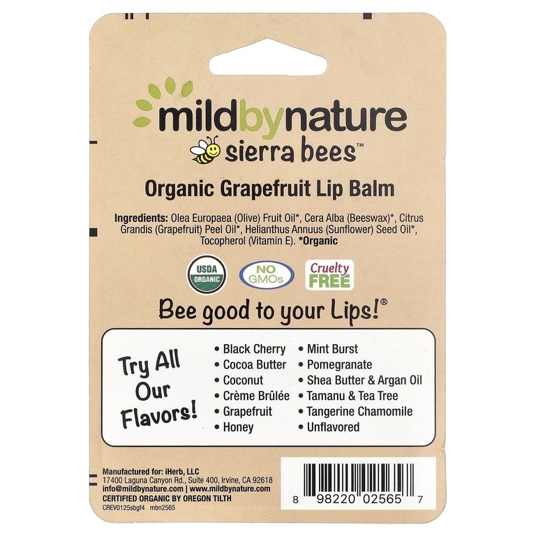 Mild By Nature, Sierra Bees™, органические бальзамы для губ, с ароматом грейпфрута, 4 шт. в упаковке, 4,25 г (0,15 унции)