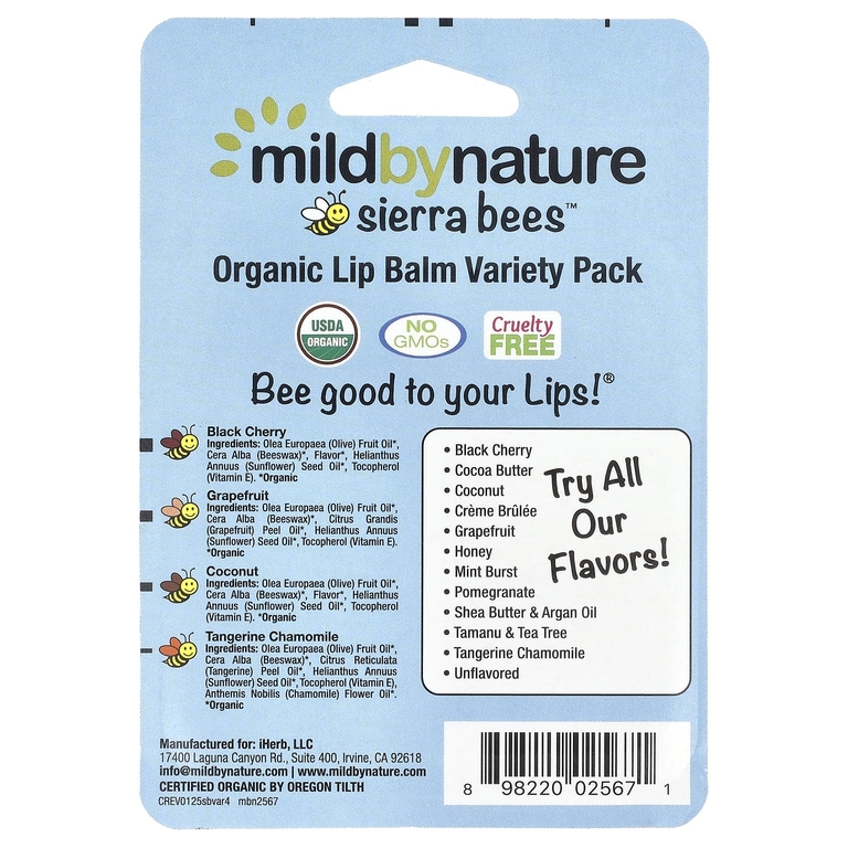 Mild By Nature, Sierra Bees™, органические бальзамы для губ, ассорти, 4 шт. по 4,25 г (0,15 унции)